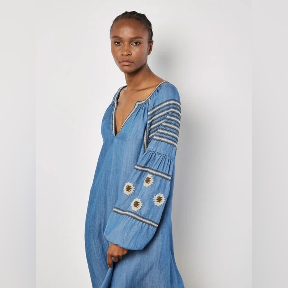 APRICOT 🍑- Blue Embroidered Long Sleeve V-Neck Dress - Picture 2 of 6